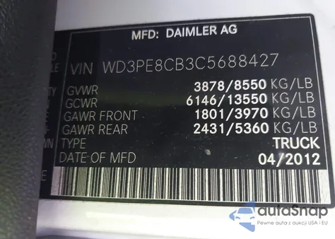 2012 Mercedes-Benz Sprinter 2500 High Roof z USA, uszkodzony, nr VIN WD3PE8CB3C5688427